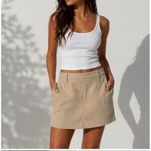 Free People Cant Blame Me Linen Blend Mini Skirt Tan Beige Women Size 10 NEW
